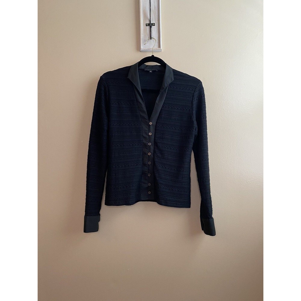 Maurice Sasson Women's Black Collared Button Long Sleeve Textured Shirt Top Sz M